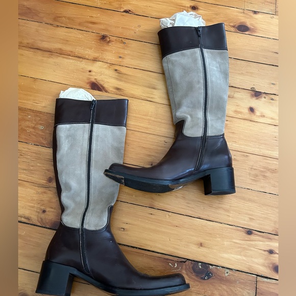 Coach Olivia Riding Boots Suede Brown Leather 7 Stacked Heel - Picture 1 of 5